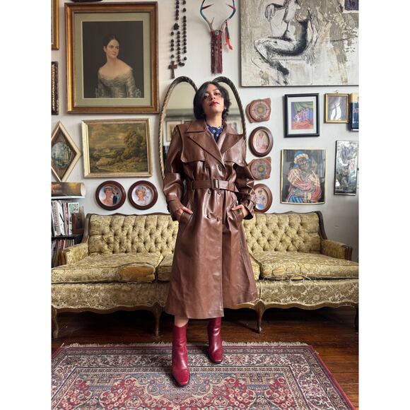 70s Faux Leather Chocolate Leather Trench Coat Size M/L 32" by Amerex - Picture 10 of 14